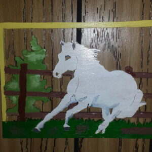 Handcrafted Wooden Wall Art of a White Horse Running in a Fenced Field