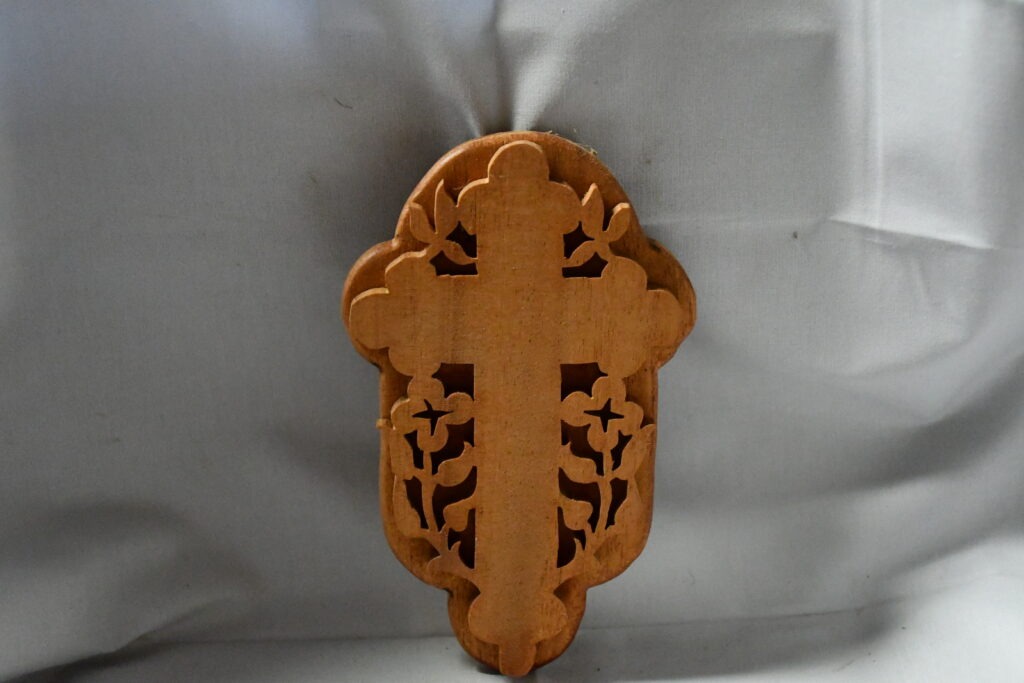 Handcrafted Wooden Cross Plaque with Floral Cutout Details