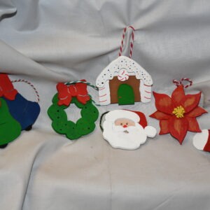 Ornaments set of 6 (Wreath w/bow, Bells w/bow, Santa face, Candy House, Poinsettia, Stocking).